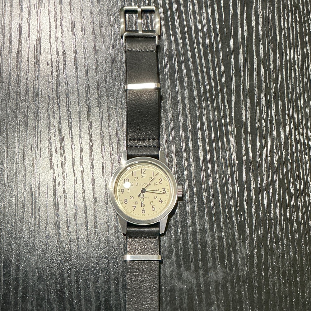 Bulova Silver Case Watch with Black Strap